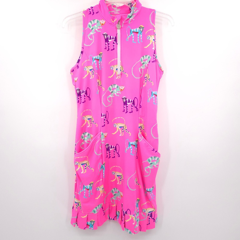 Tzu Tzu Golf Dress Womens Medium Pink Monkey Print Sleeveless Quarter Zip